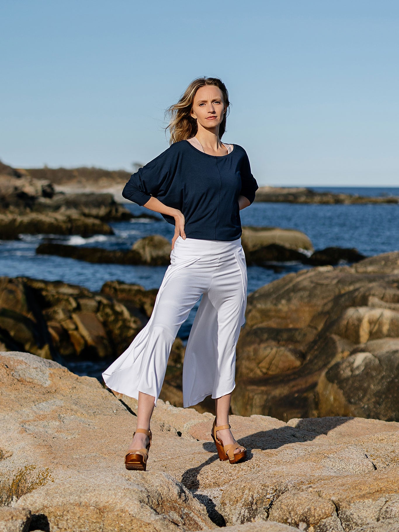 white petal pant paired with navy pop top