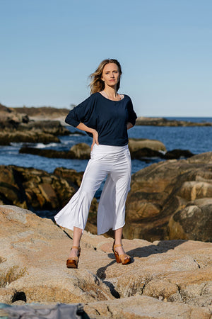 white petal pant paired with navy pop top