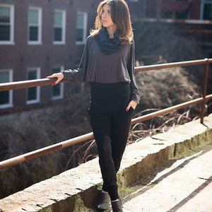 jogger in black with pop top in carbon and hourglass in midnight around neck
