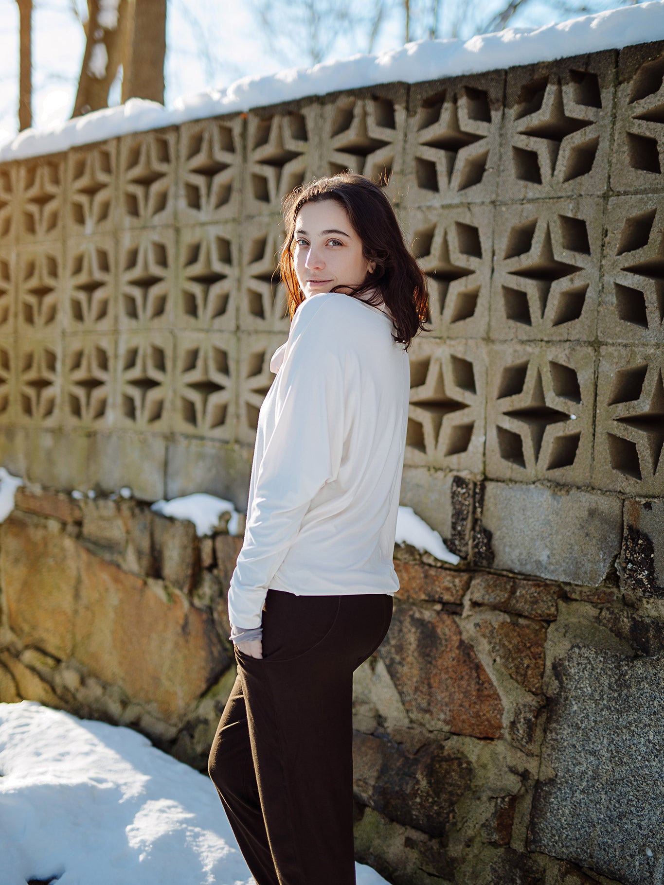 jogger in peat paired with pop top in milk, ballet hourglass around neck, and moon opera sleeves