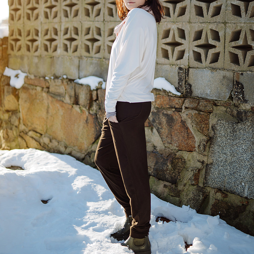 jogger in peat paired with pop top in milk, ballet hourglass around neck, and moon opera sleeves