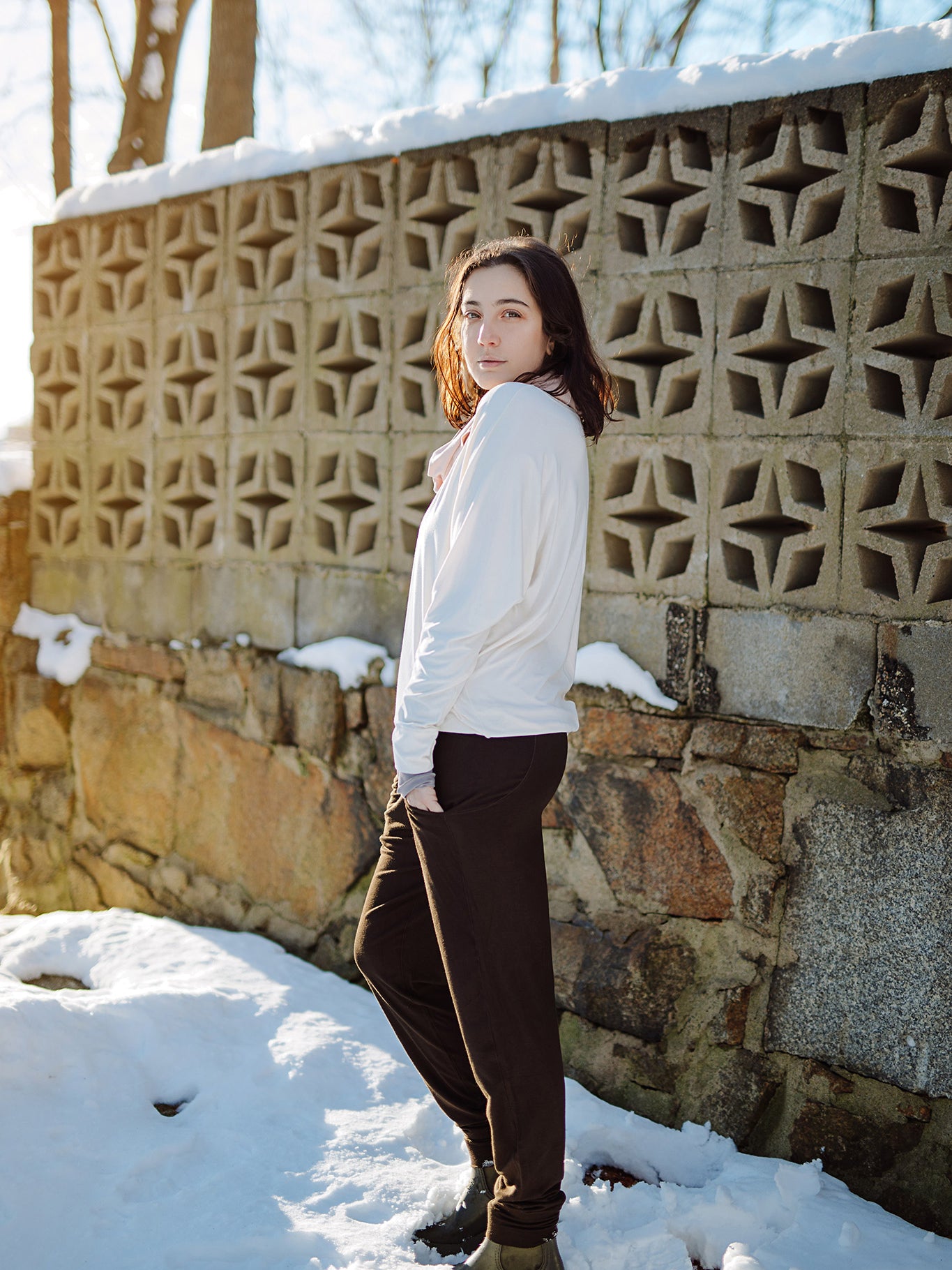 jogger in peat paired with pop top in milk, ballet hourglass around neck, and moon opera sleeves