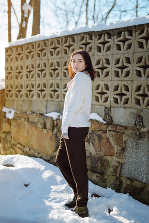 jogger in peat paired with pop top in milk, ballet hourglass around neck, and moon opera sleeves