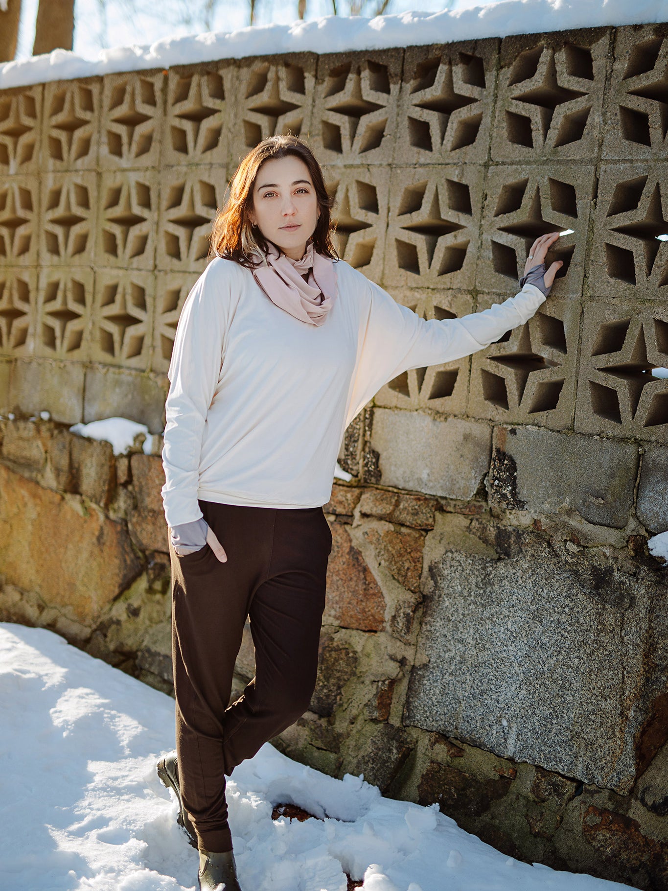 jogger in peat paired with pop top in milk, ballet hourglass around neck, and moon opera sleeves