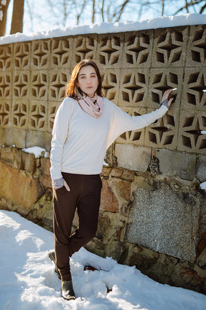 jogger in peat paired with pop top in milk, ballet hourglass around neck, and moon opera sleeves