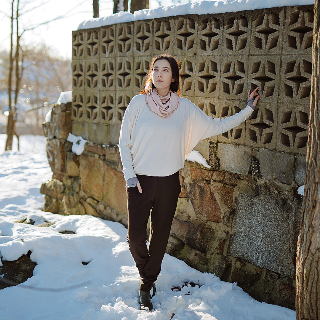 jogger in peat paired with pop top in milk, ballet hourglass around neck, and moon opera sleeves