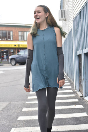angelrox shift tank in ocean + opera sleeves in iron + base in iron