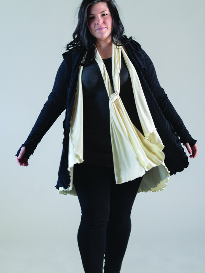 the wrap by angelrox in vanilla as a vest with black cardigan + playsuit