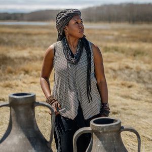 suger® tulip tissue tank in earth stripe paired with mineral prima + black wrap