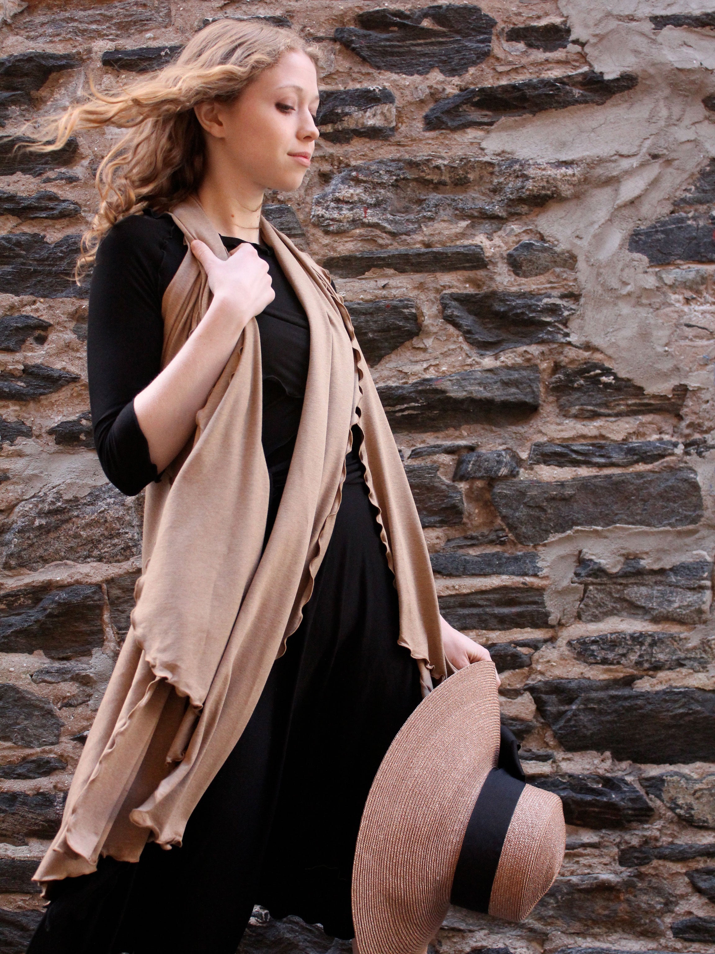 the wrap as a vest in camel