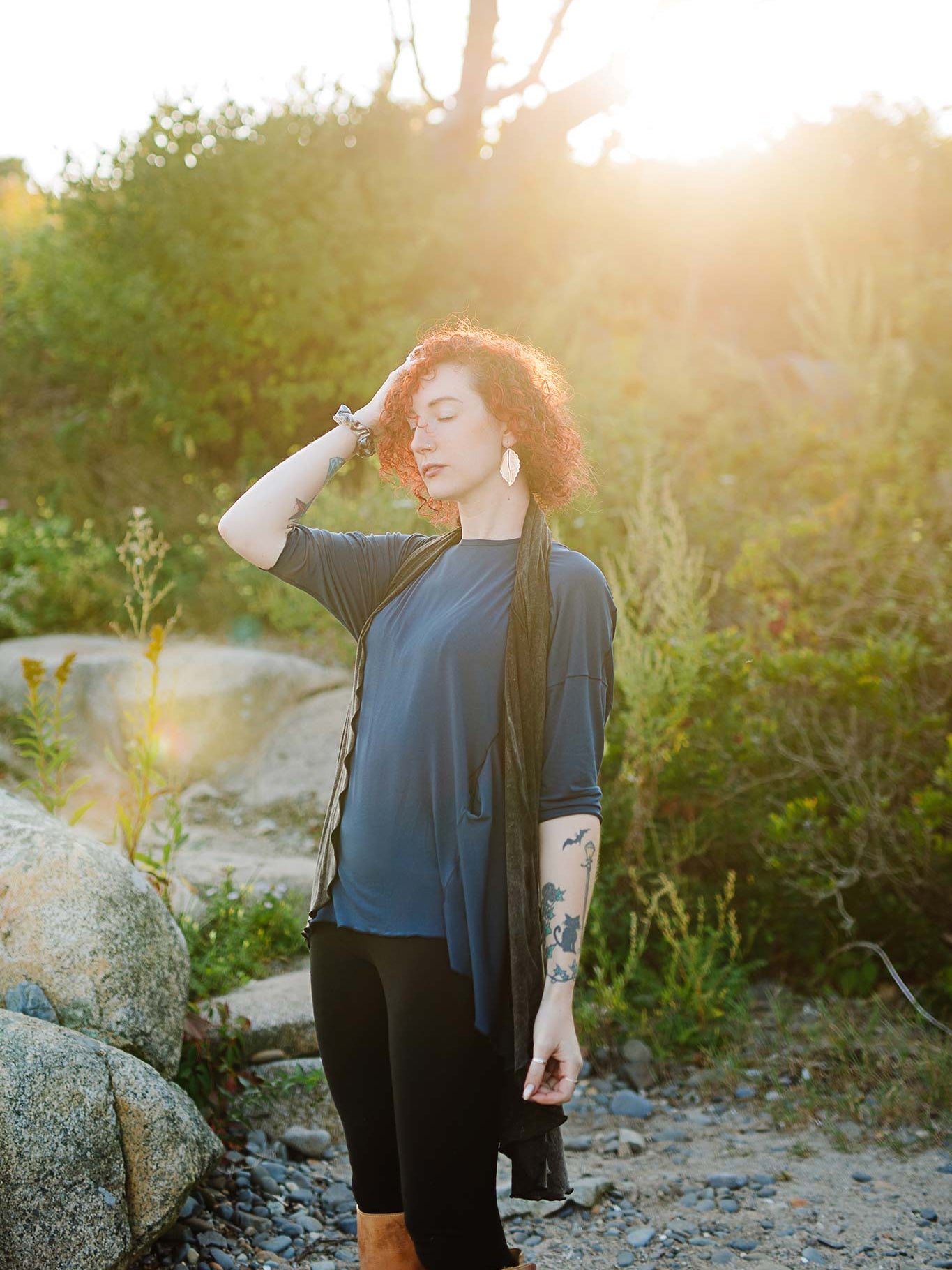 true pearl flowy t in navy + wrap in mineral black stitch as a vest