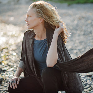 the wrap as a shawl in mineral black stitch, rose top in lake, jogger in black