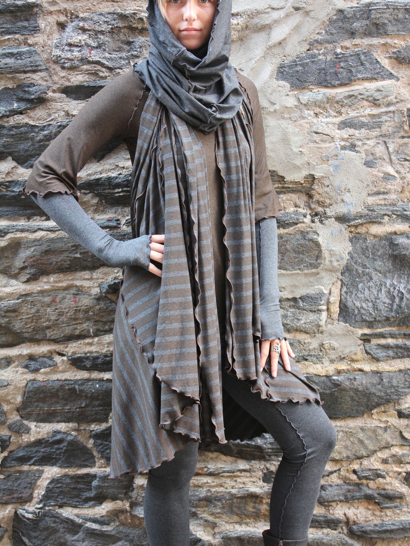 the wrap as a vest in woodland