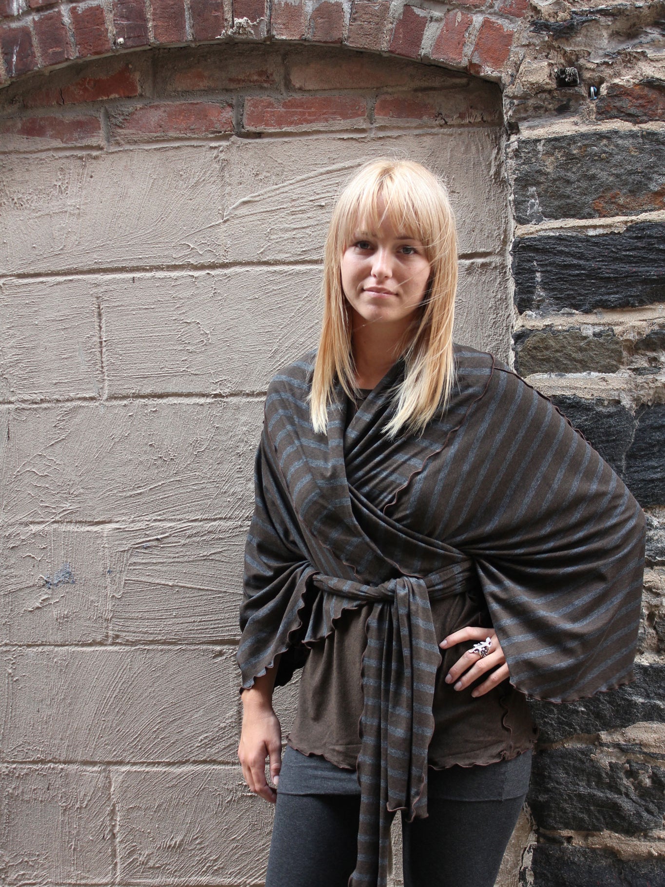 the wrap as a shawl in woodland