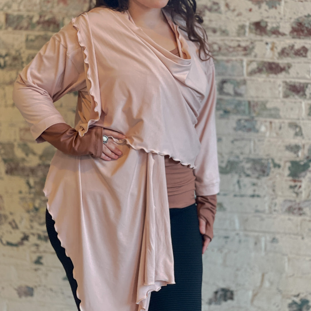 prima wrap jacket in ballet paired with cedar vneck