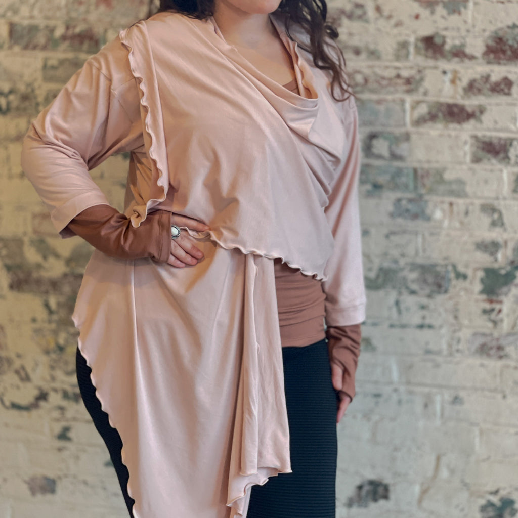 prima wrap jacket in ballet paired with cedar vneck