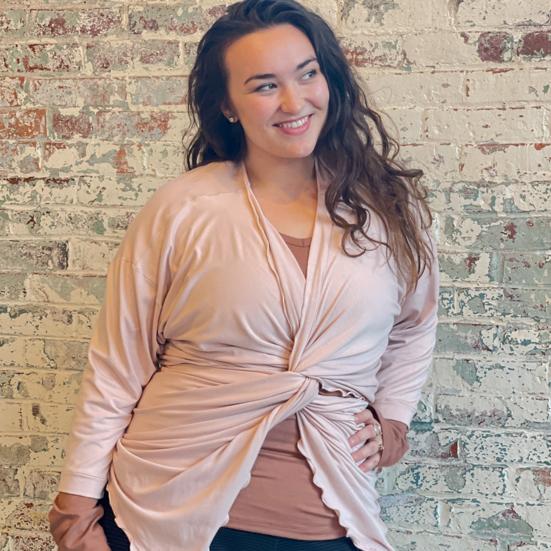 prima wrap jacket in ballet + cedar vneck