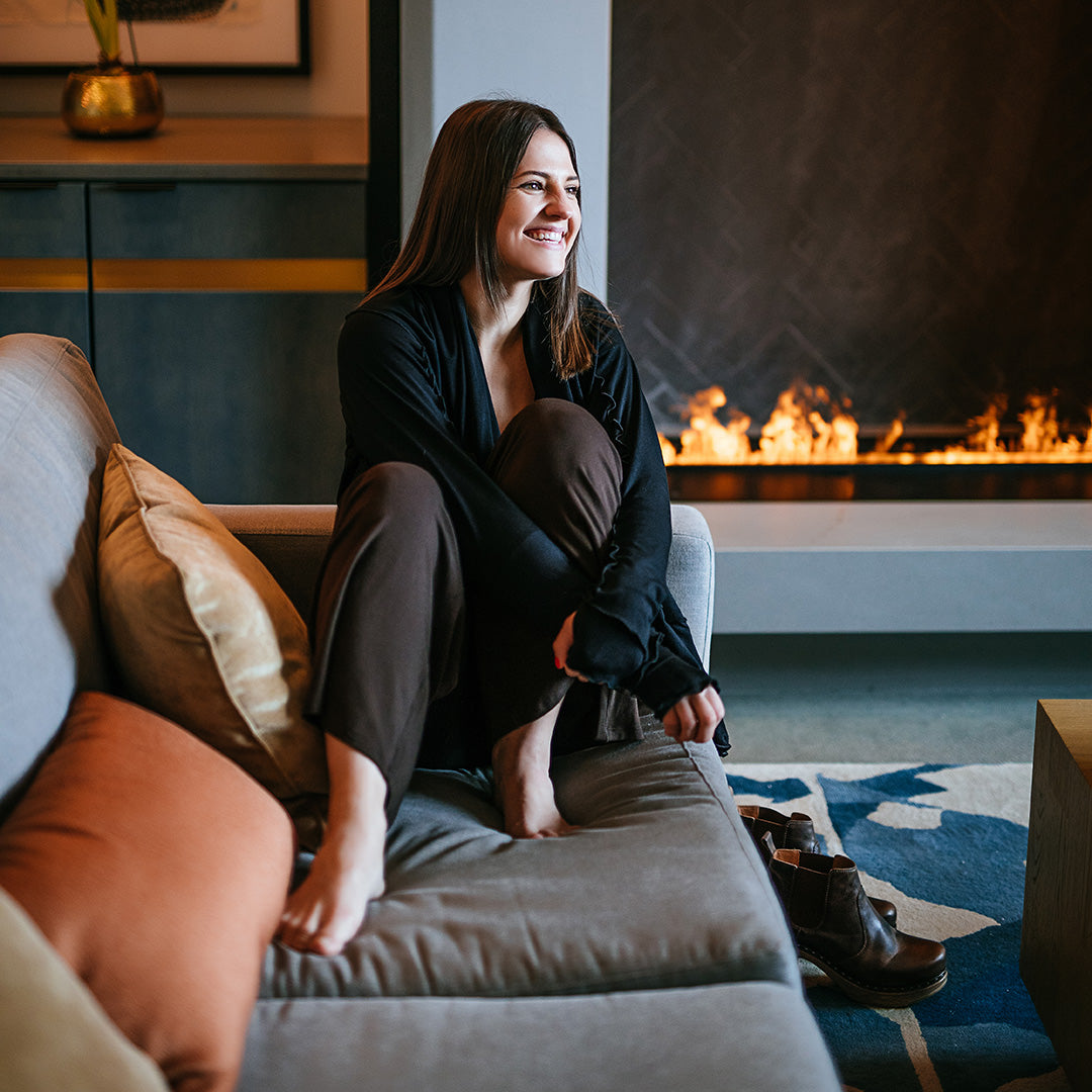 cardi in black paired with black opera sleeves and harlow pant in peat