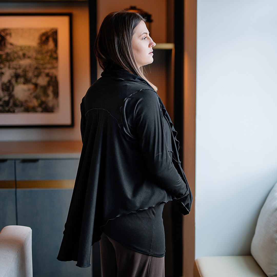 cardi in black paired with harlow pant in peat