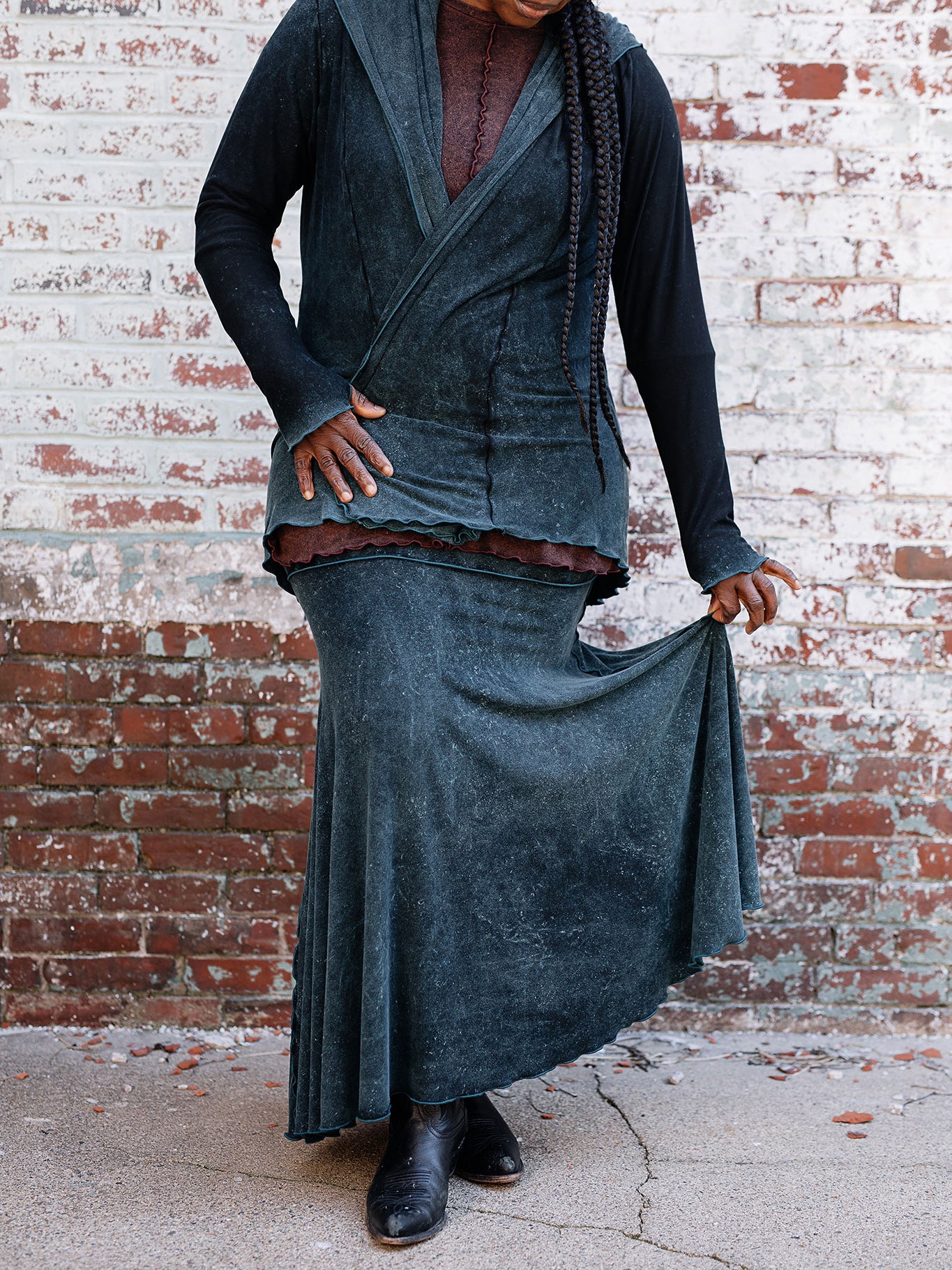 lady flirt in blue mineral worn as a skirt with blue mineral cardi jacket worn inside out