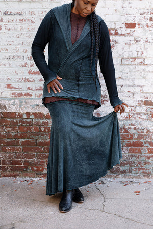 lady flirt in blue mineral worn as a skirt with blue mineral cardi jacket worn inside out