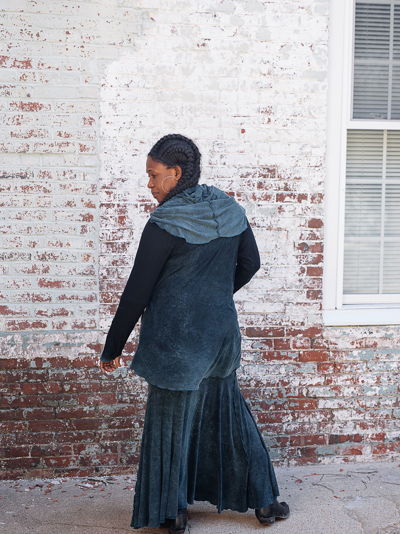 lady flirt in blue mineral worn as a skirt with blue mineral cardi jacket worn inside out