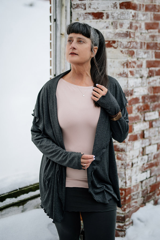 river jacket in charcoal with rose top in ballet