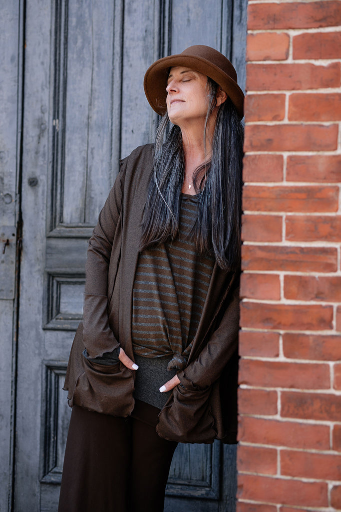 angelrox® cozy cardi in expresso styled with woodland shift top + peat swirlsuit