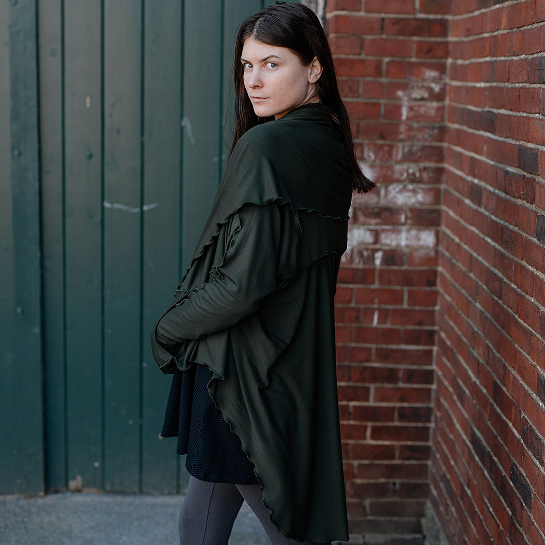 cardi in fir paired with sandra tunic in subtle black