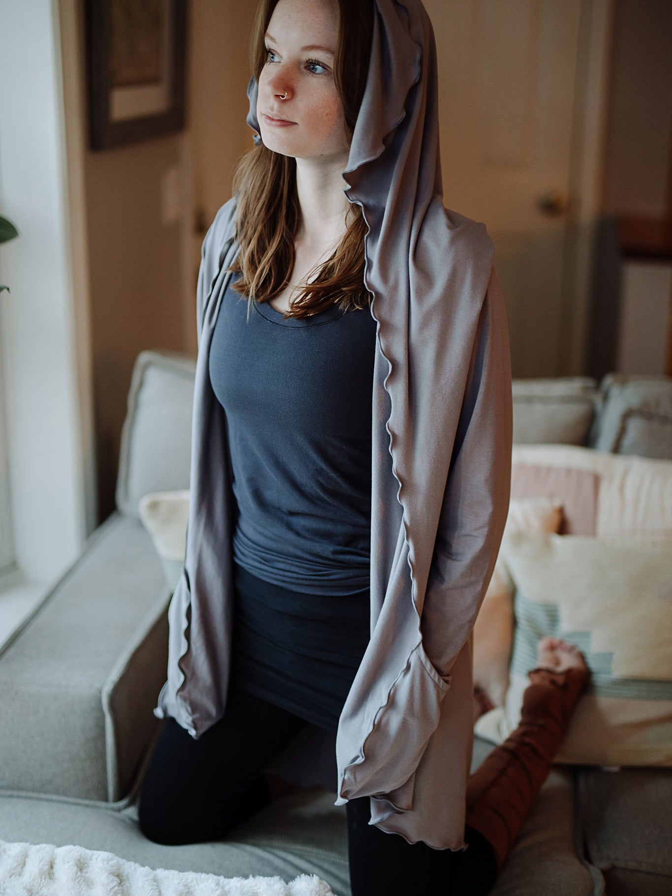 core tank in carbon with cardi jacket in moon and black playsuit