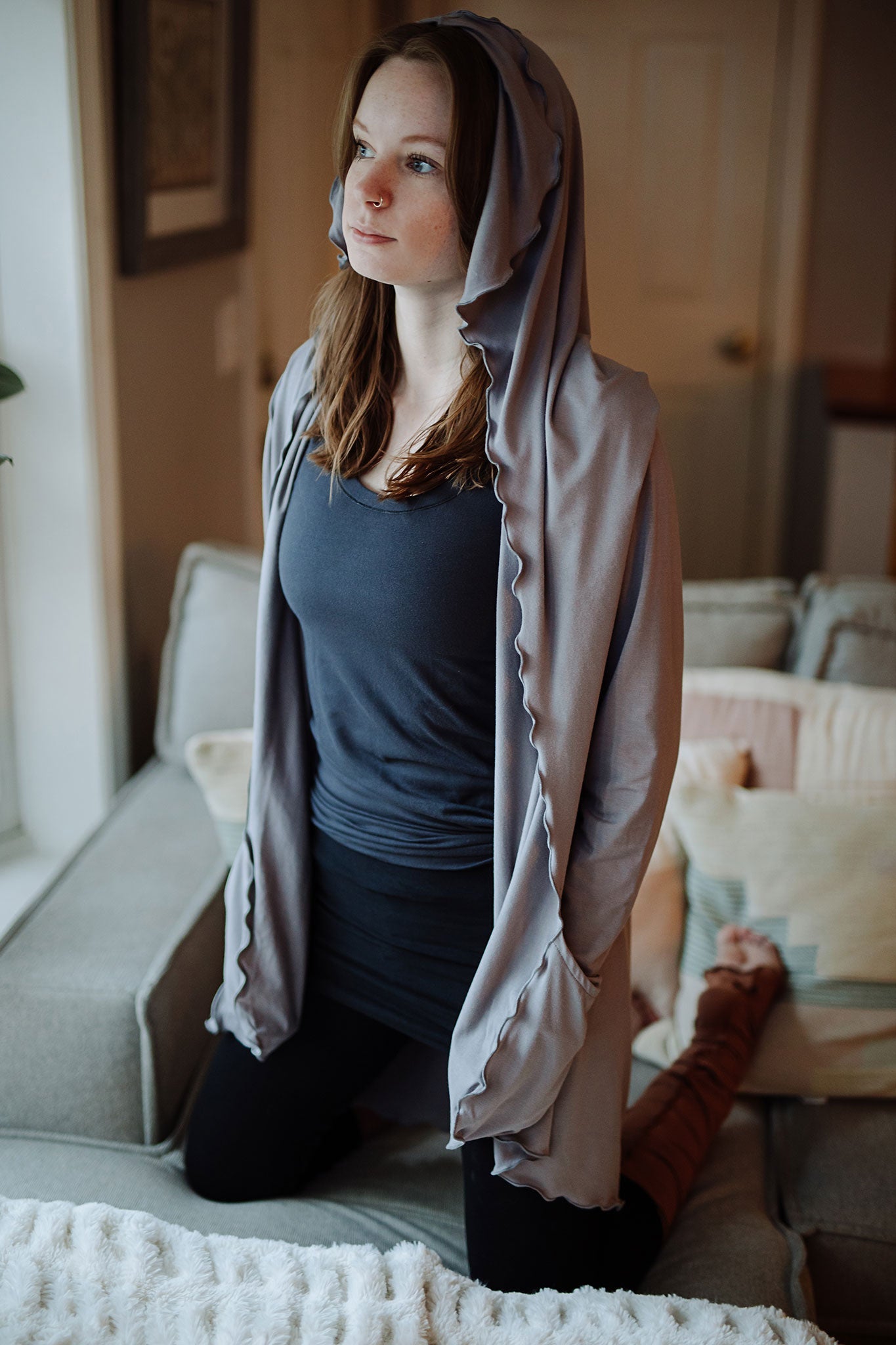 core tank in carbon with cardi jacket in moon and black playsuit