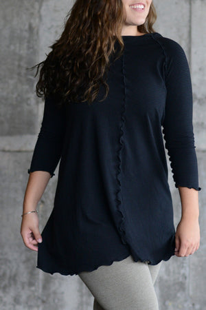 bamboo + organic cotton black sublte stripe swing by angelrox with sand playsuit