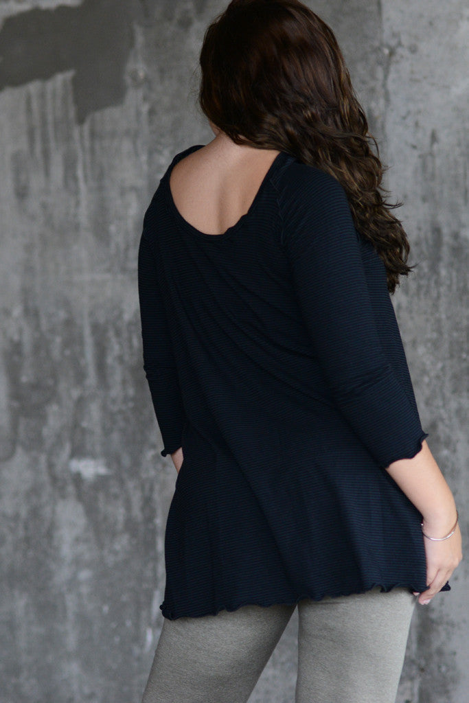 bamboo + organic cotton black sublte stripe swing by angelrox with sand playsuit