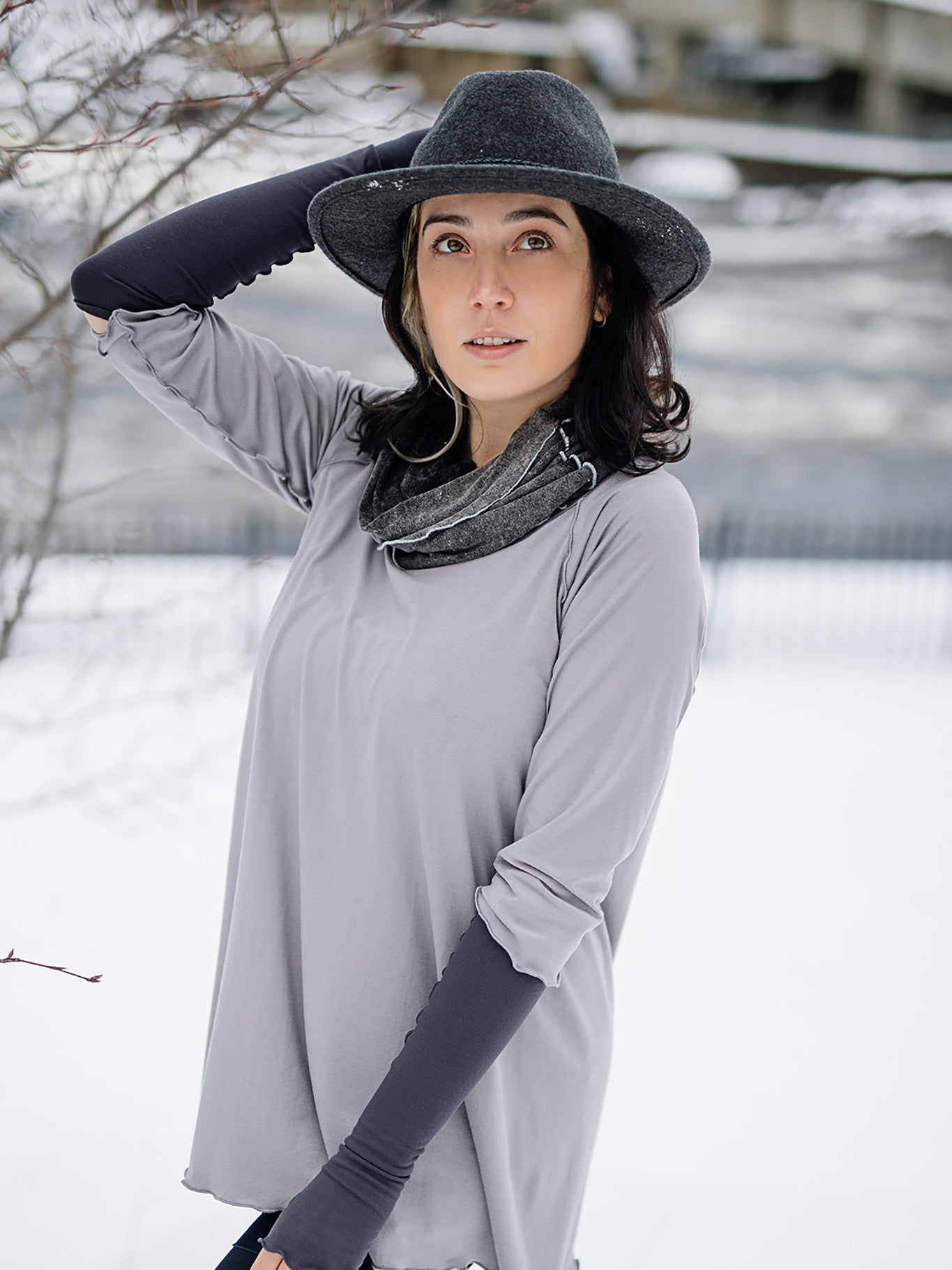 swing top in moon with carbon opera sleeves and mineral hourglass at neck