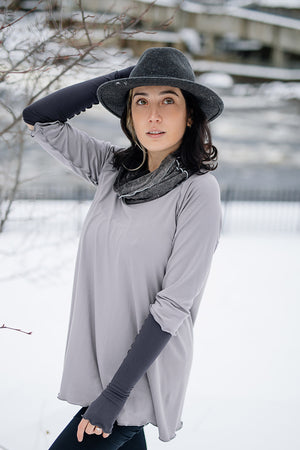 swing top in moon with carbon opera sleeves and mineral hourglass at neck