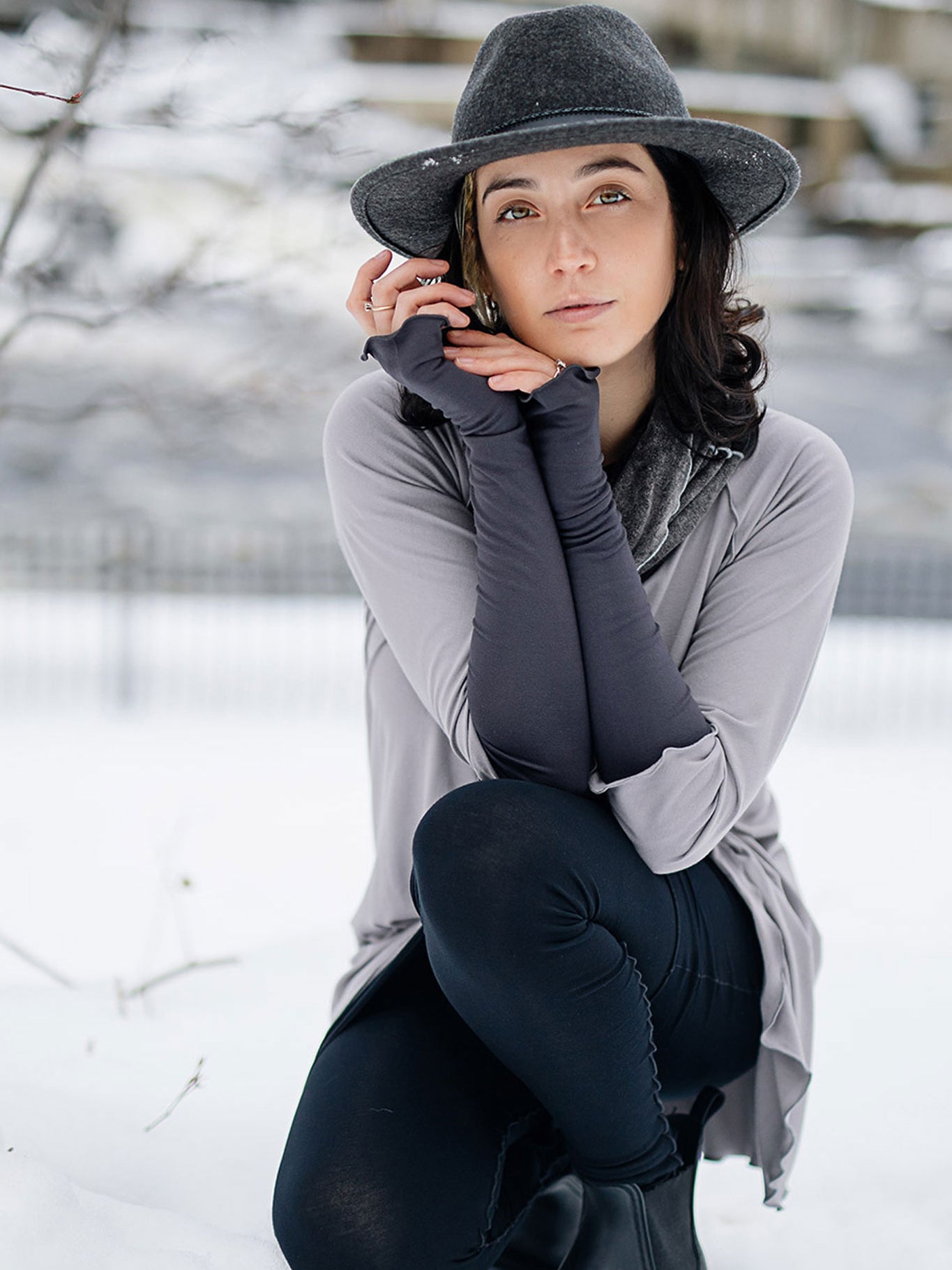 carbon opera sleeves paired with swing top in moon, hourglass at neck in mineral, and playsuit in black