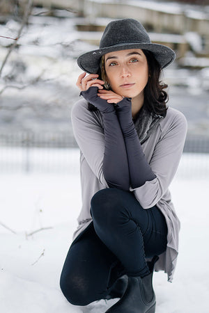 carbon opera sleeves paired with swing top in moon, hourglass at neck in mineral, and playsuit in black