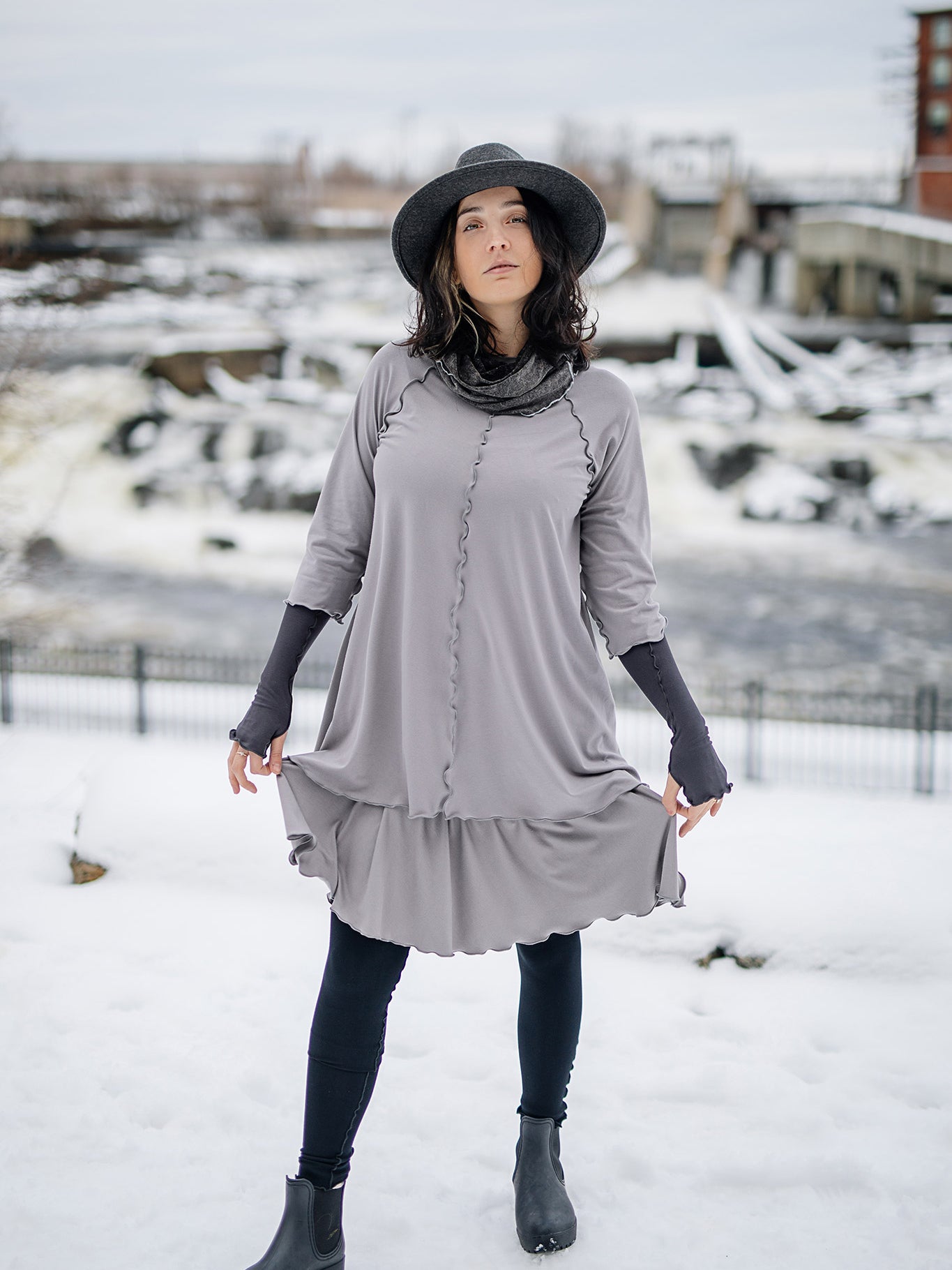 swing top and lady flirt as a skirt in moon with hourglass around neck in mineral and opera sleeves in carbon