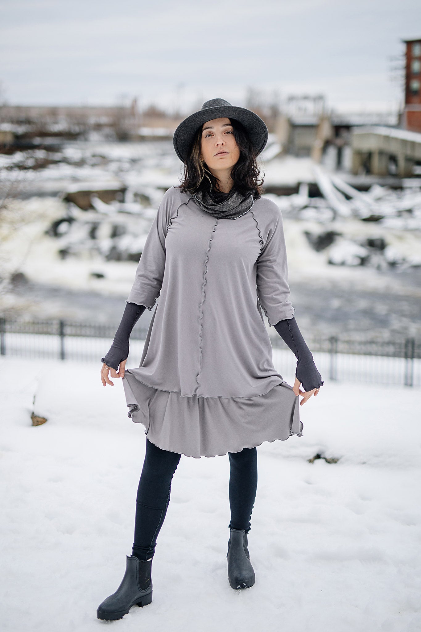 swing top and lady flirt as a skirt in moon with hourglass around neck in mineral and opera sleeves in carbon