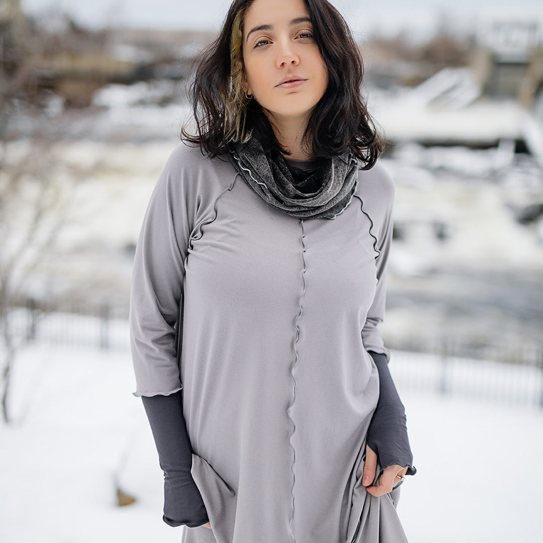 swing top in moon with hourglass around neck in mineral and opera sleeves in carbon