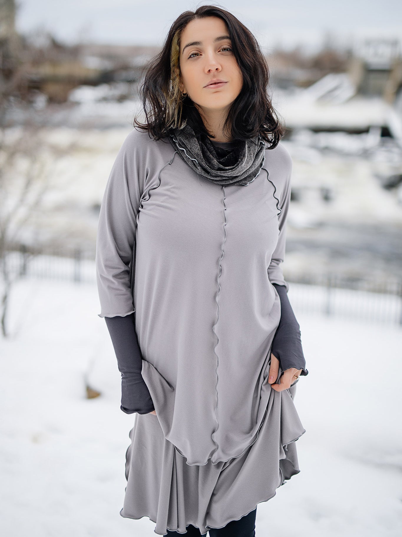 swing top and lady flirt in moon with carbon opera sleeves and mineral hourglass at neck