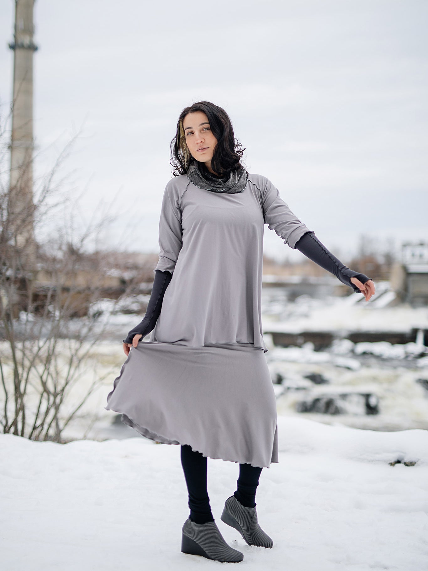 swing top and lady flirt as a skirt  in moon with hourglass around neck in mineral and opera sleeves in carbon