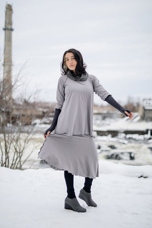 swing top and lady flirt as a skirt  in moon with hourglass around neck in mineral and opera sleeves in carbon