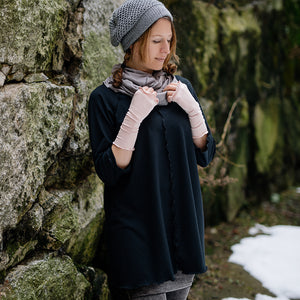 swing top in subtle black with aria sleeves in ballet and hourglass in moon