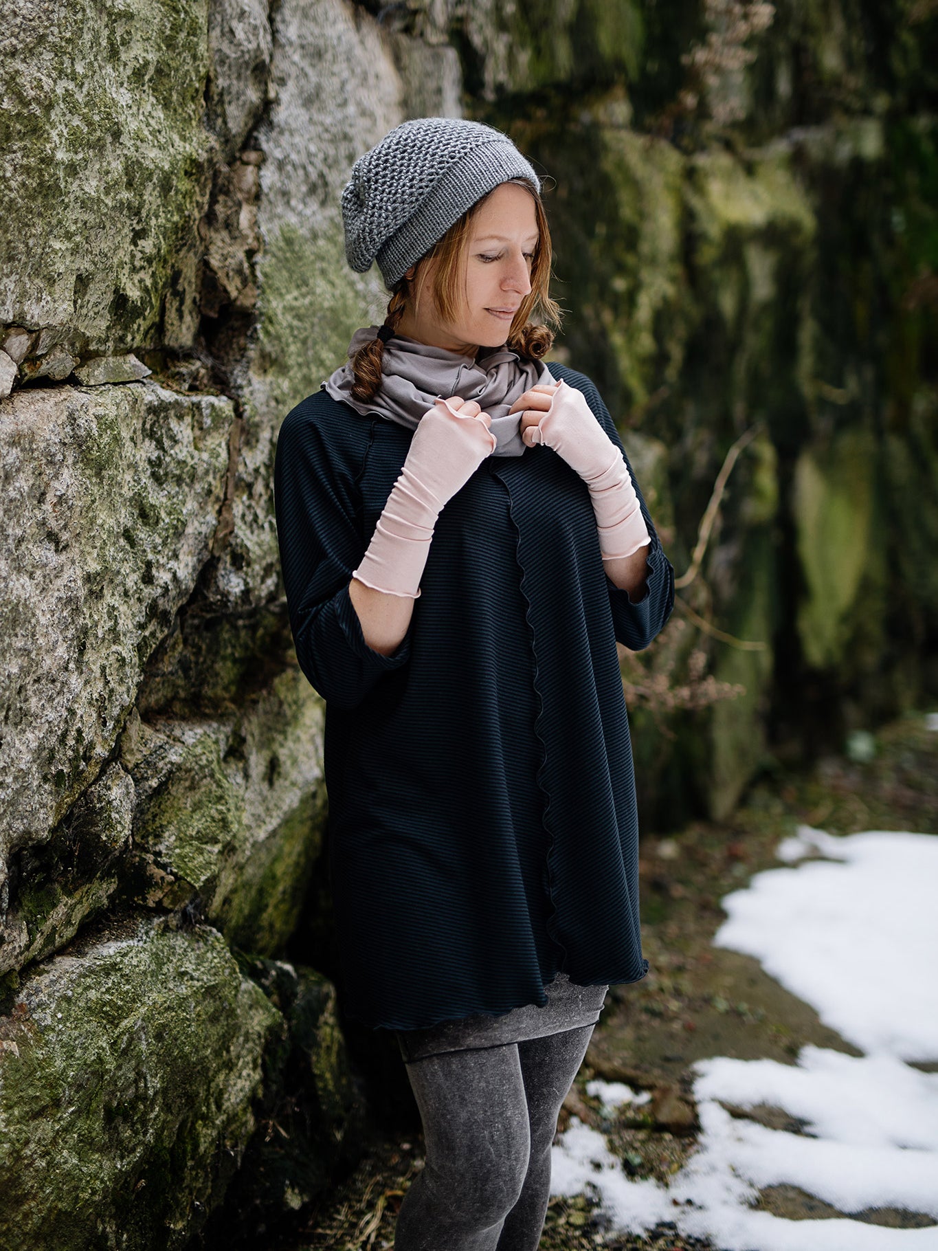 swing top in subtle black with hourglass at neck in moon, ballet aria sleeves, and mineral playsuit