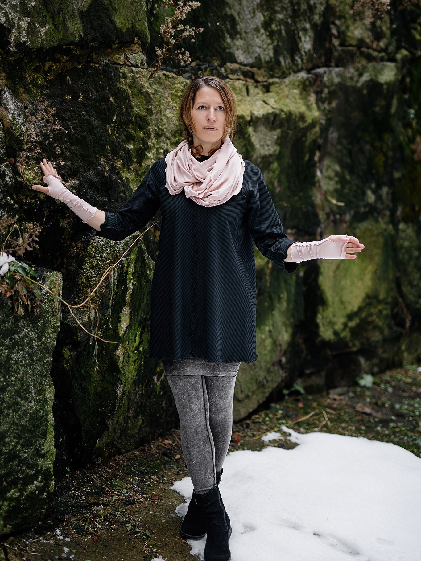 swing top in subtle black with loop at neck in ballet, ballet aria sleeves, and mineral playsuit