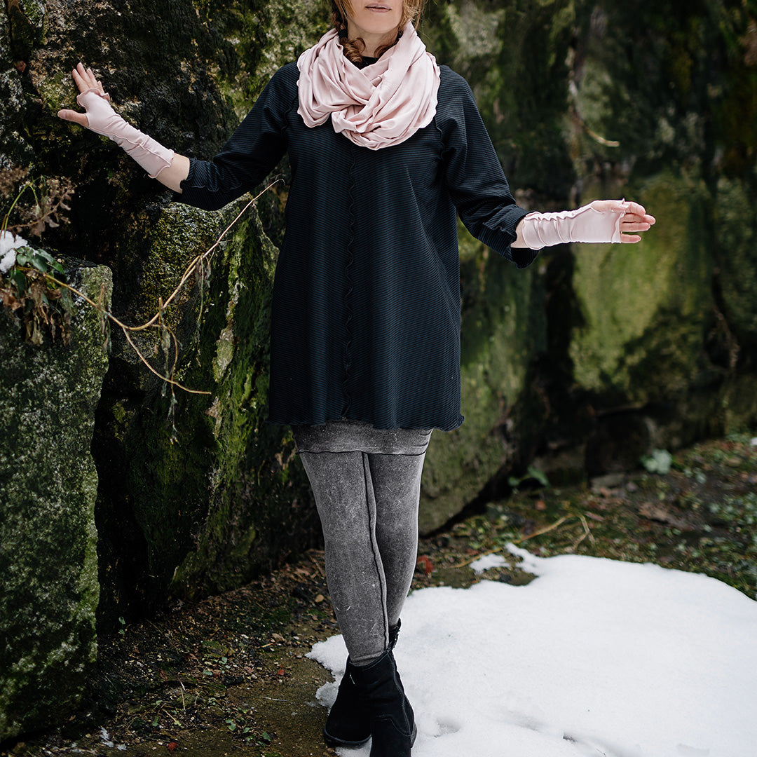 aria fingerless glove in ballet with loop in ballet at neck, mineral playsuit legging and swing top in subtle black