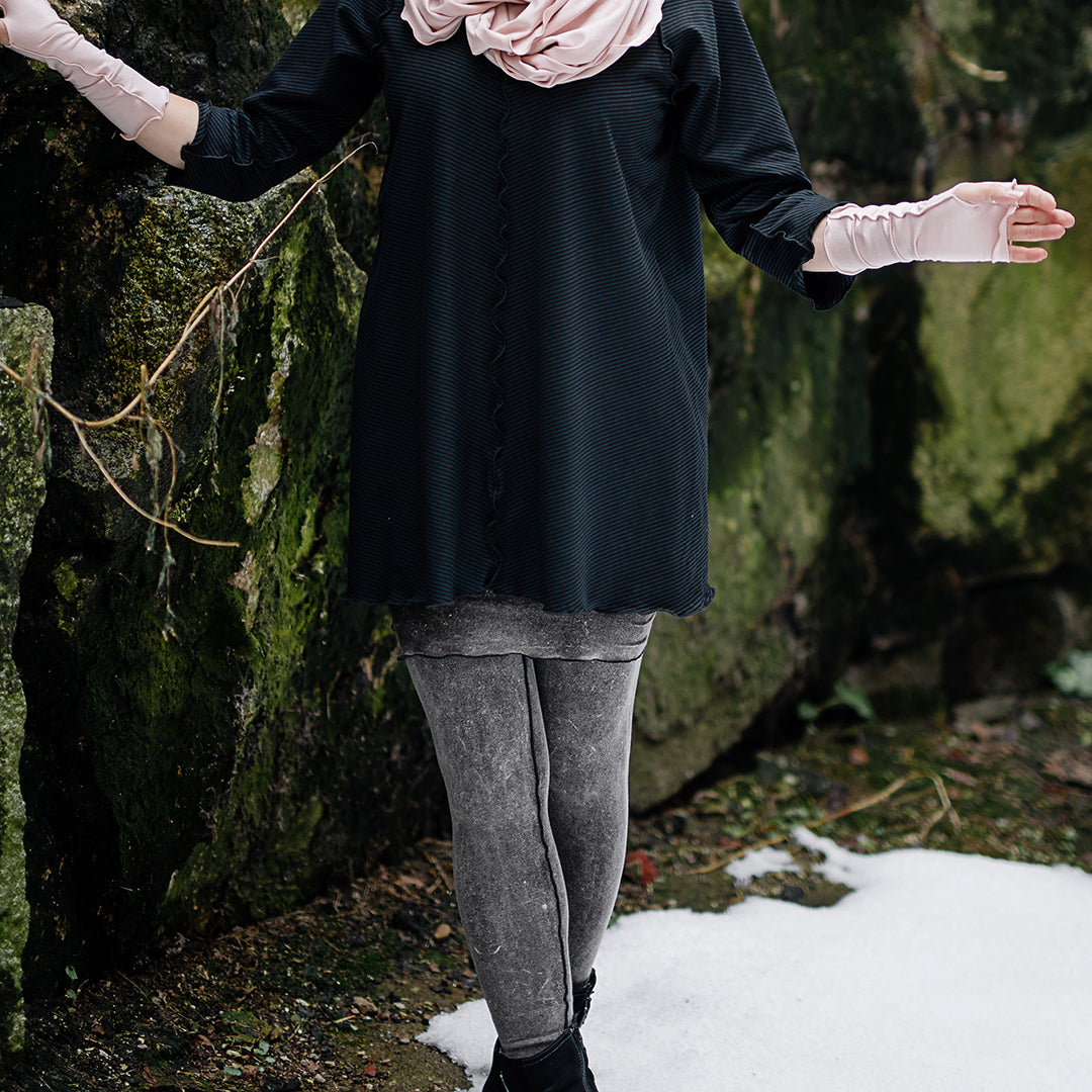 playsuit in mineral black stitch with swing top in subtle black and aria sleeves in ballet