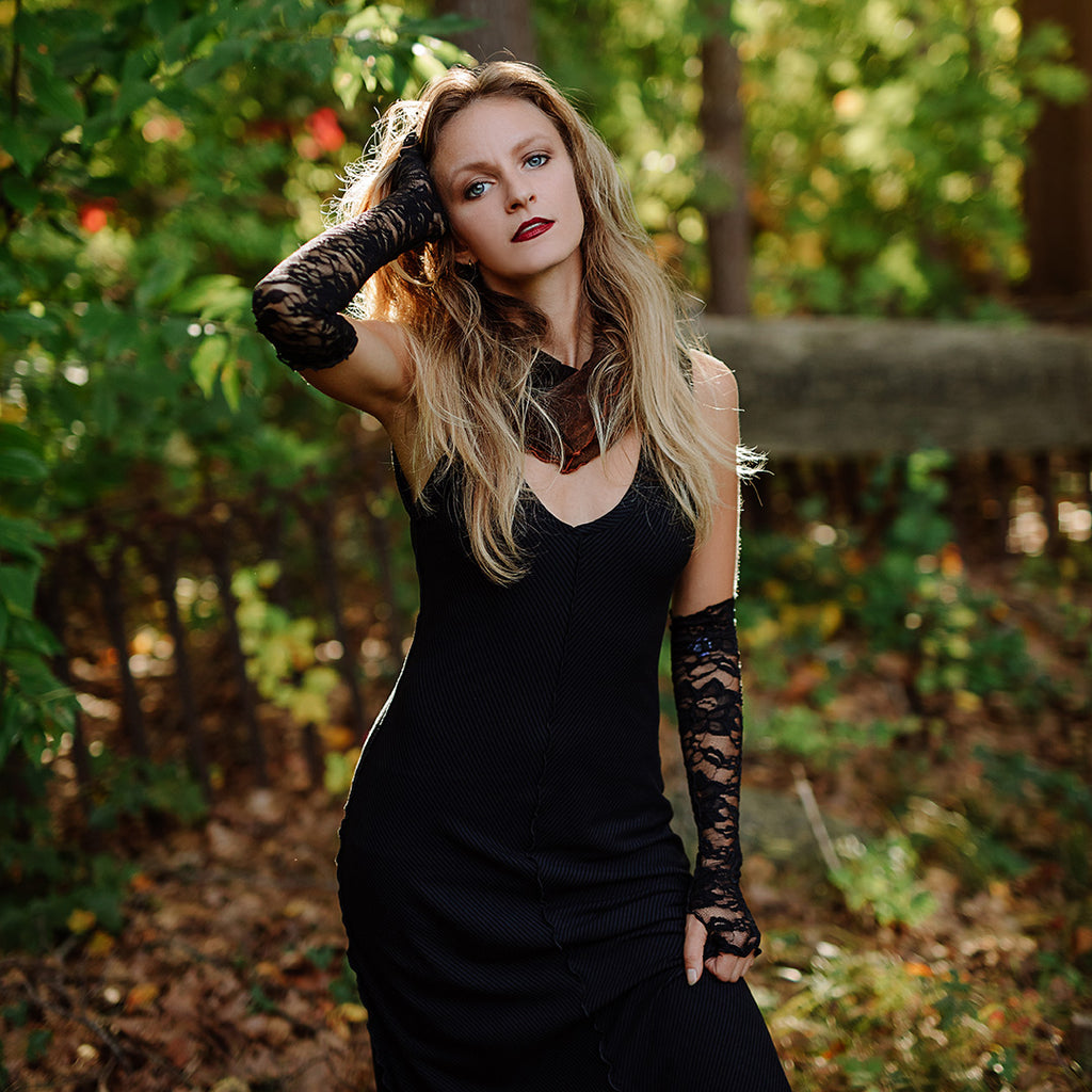 cast a spell with black lace opera sleeves