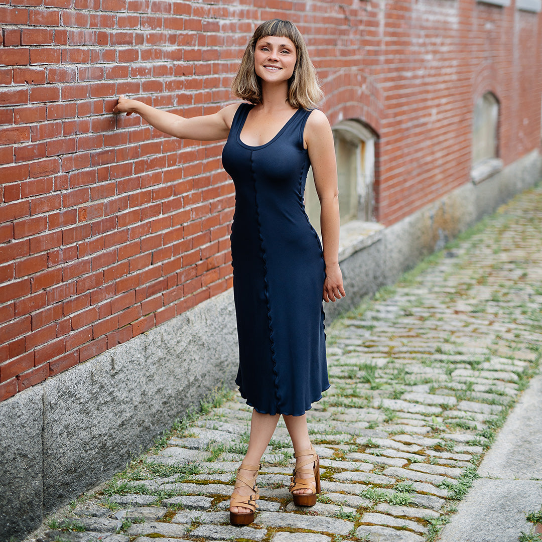 goddess dress in navy